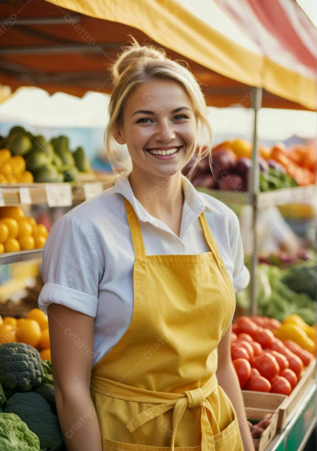 Feira livre loira sorrindo avental amarelo