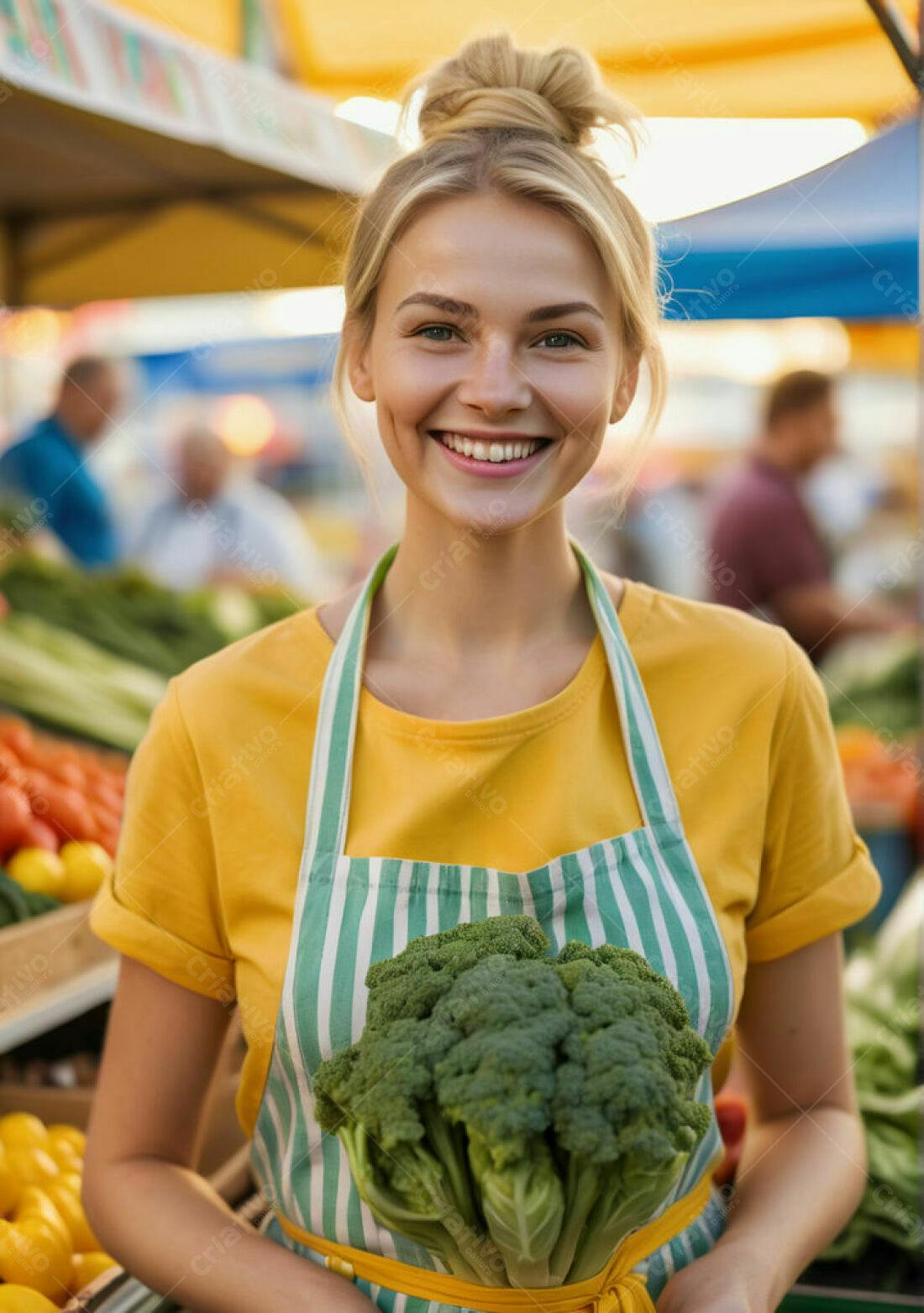 Feira livre vendedora sorrindo com brócolis