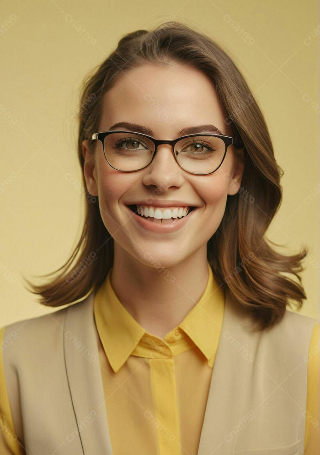 Mulher sorridente com óculos vestindo amarelo e bege