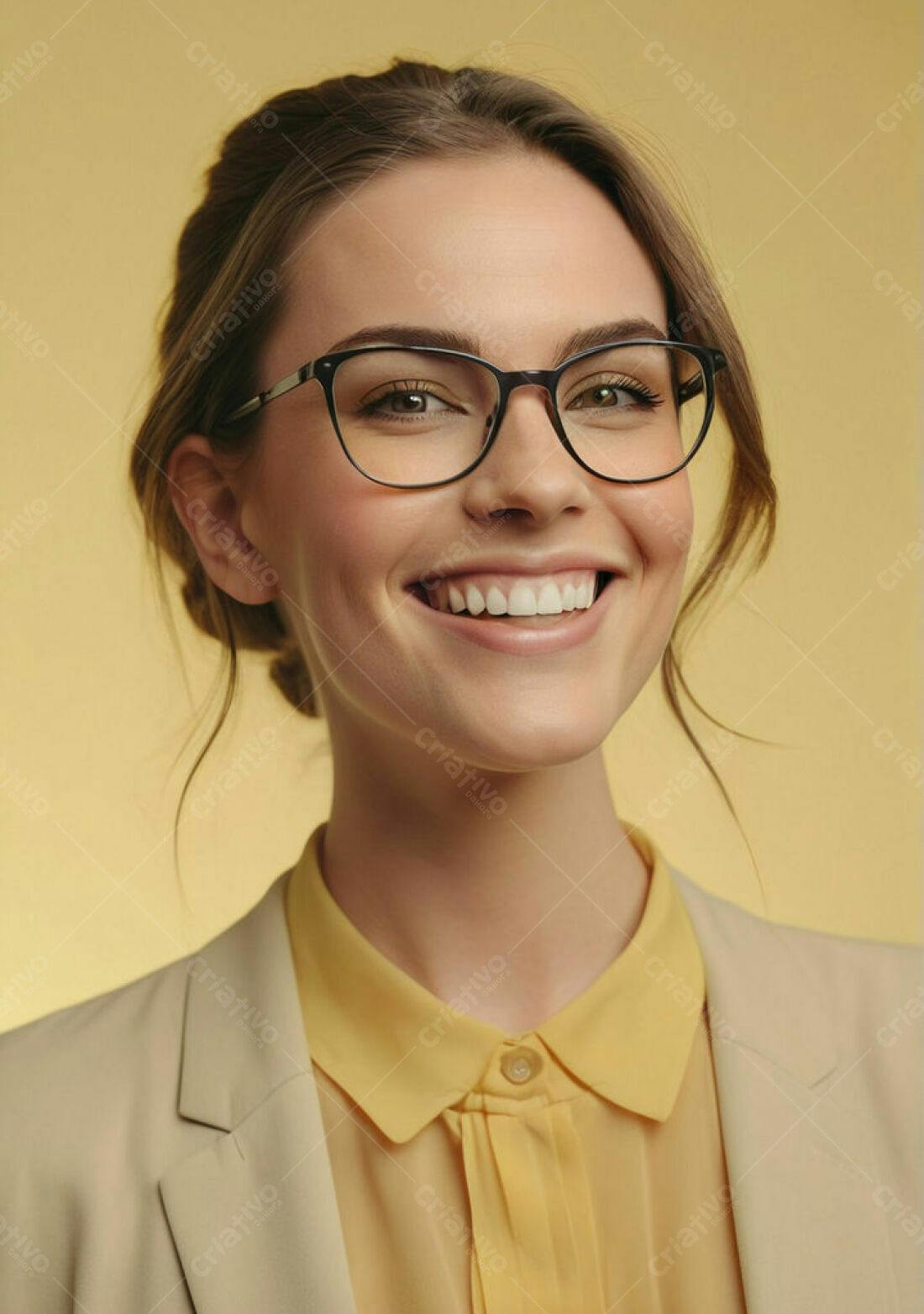 Mulher sorridente com óculos fundo amarelo