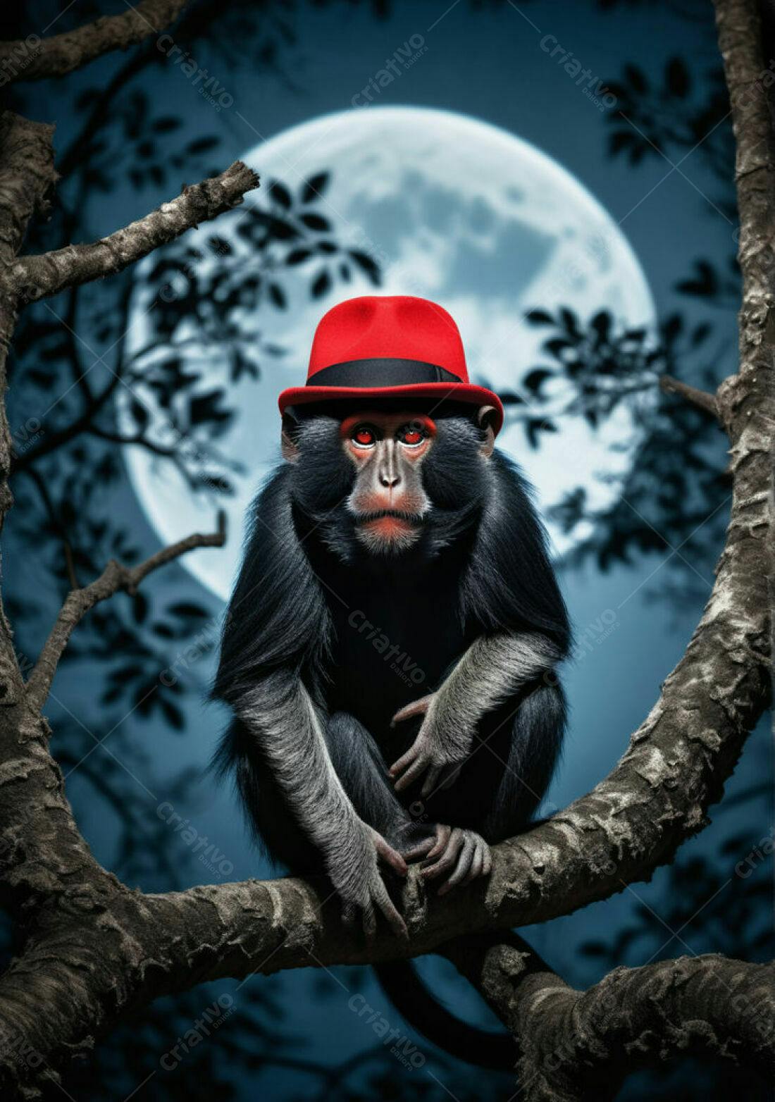 Macaco com chapéu vermelho sob a lua