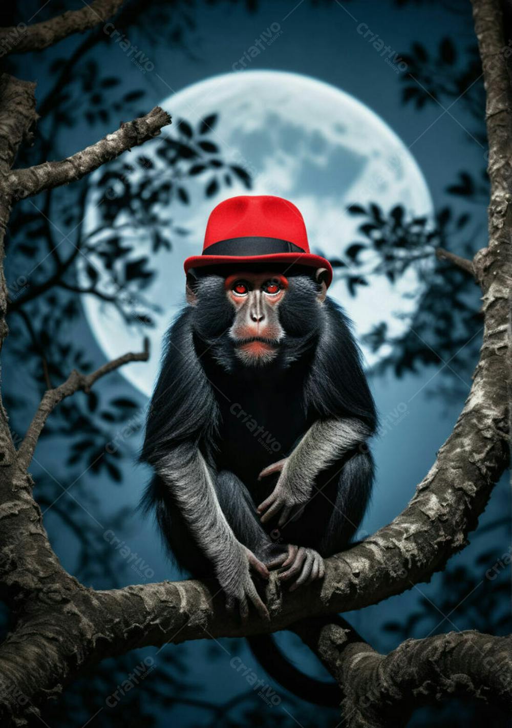 Macaco Noite Chapéu Vermelho Árvore