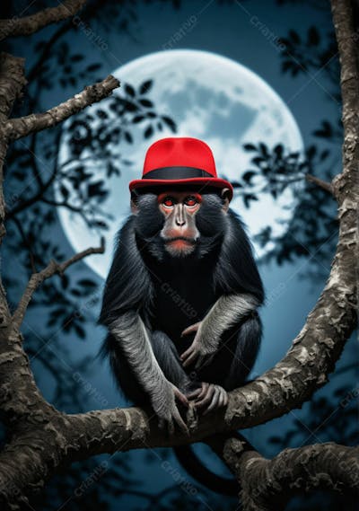 Macaco Noite Chapéu Vermelho Árvore