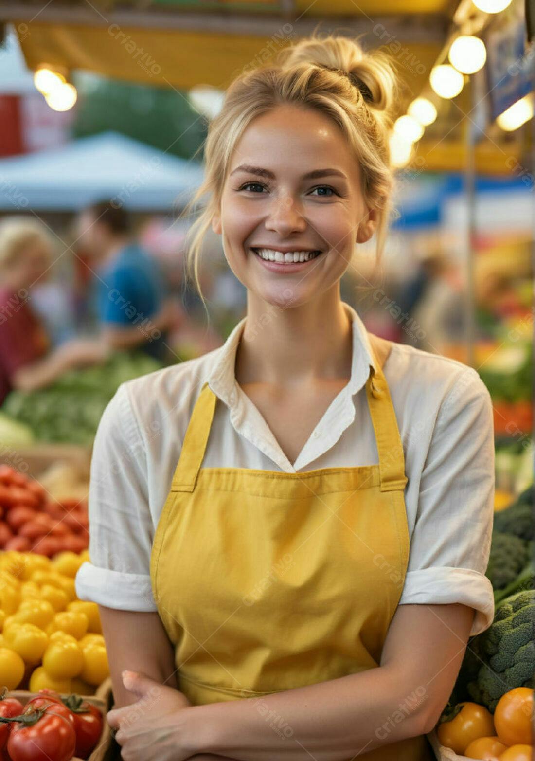 Feira livre vendedora sorrindo