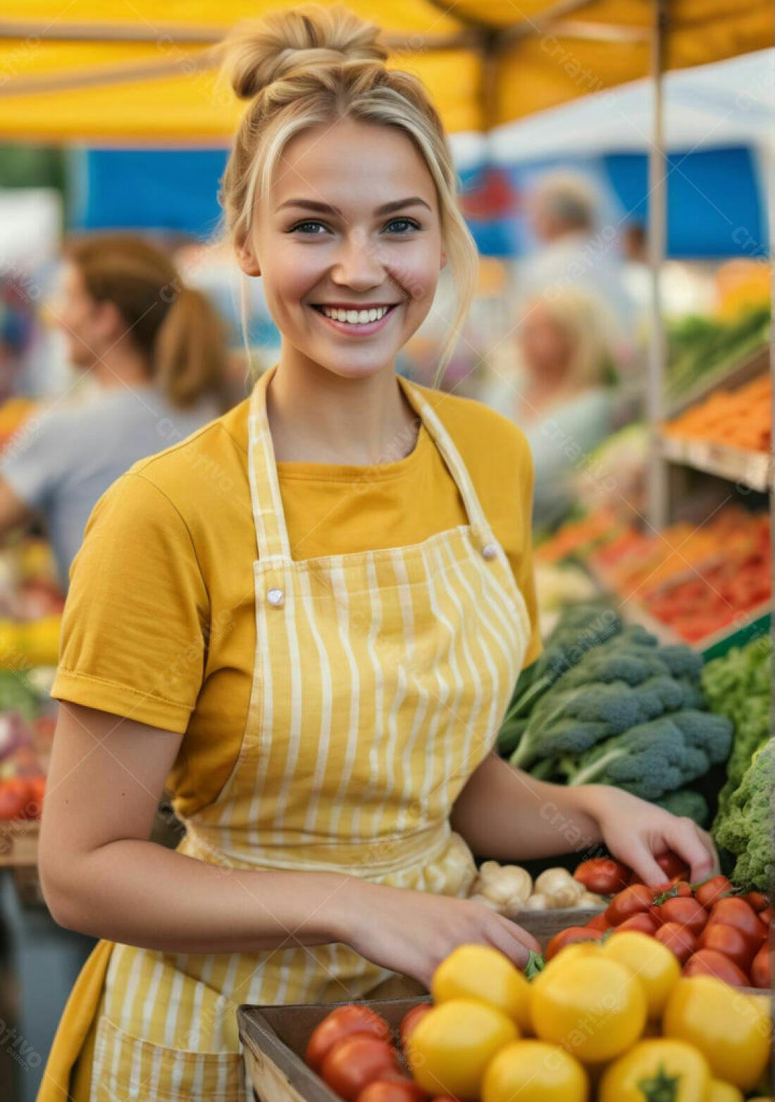 Vendedor de feira feliz com tomates