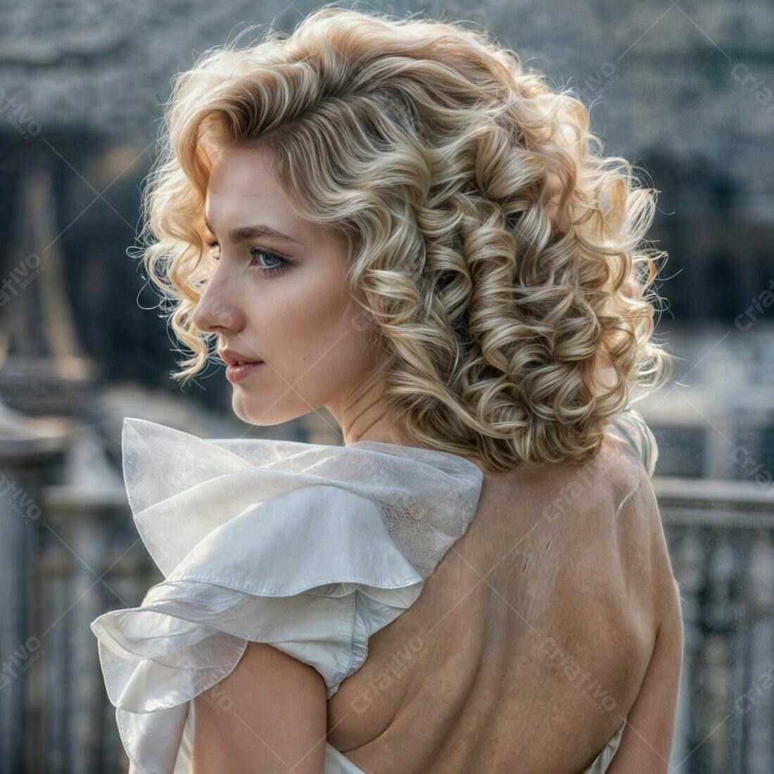 Modelo com cabelo loiro cacheado usando vestido branco