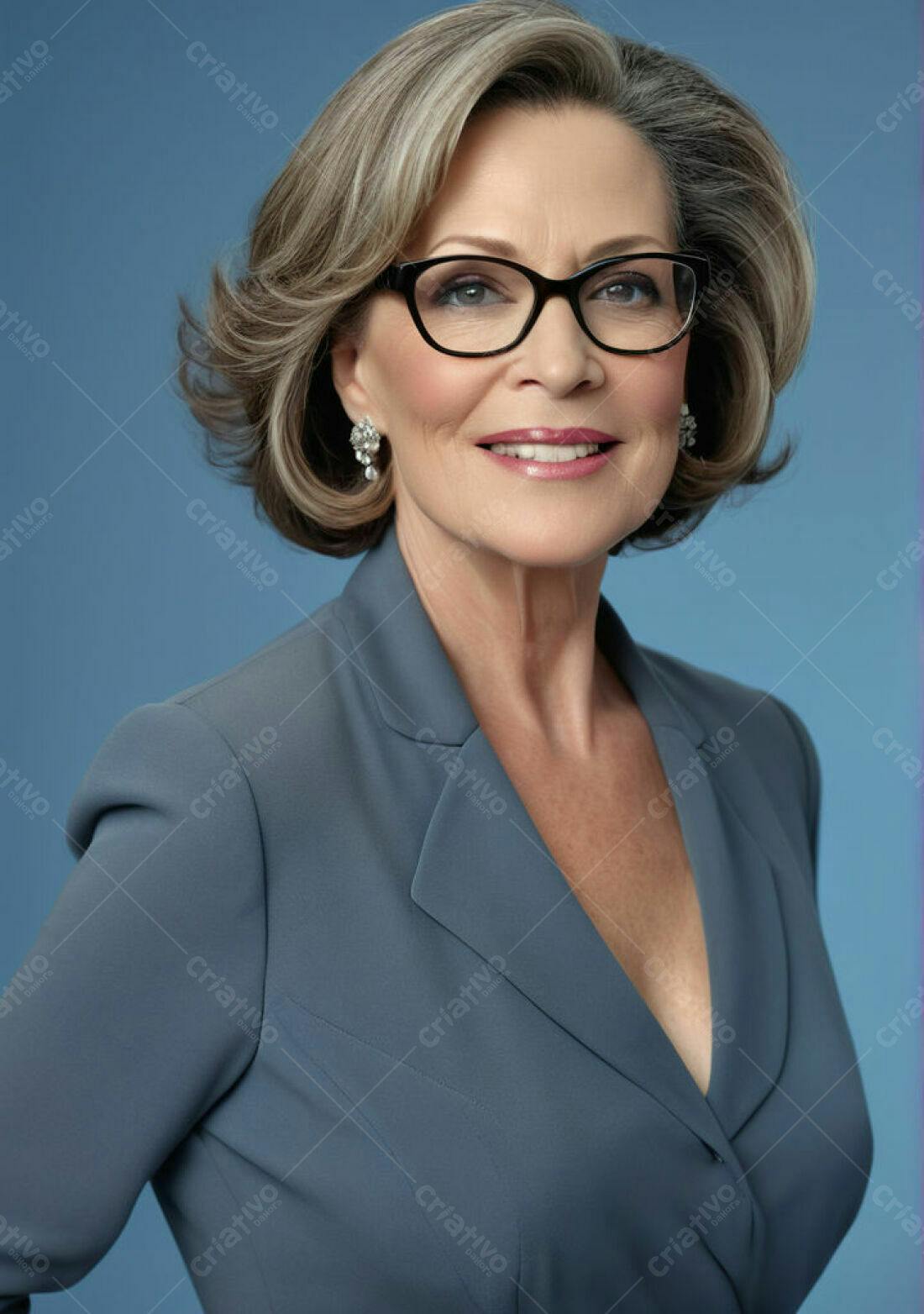 Mulher madura sorrindo óculos azul