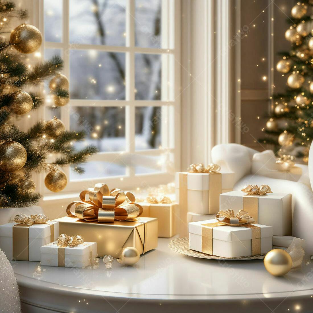 Presentes de Natal dourados e brancos em janela nevada
