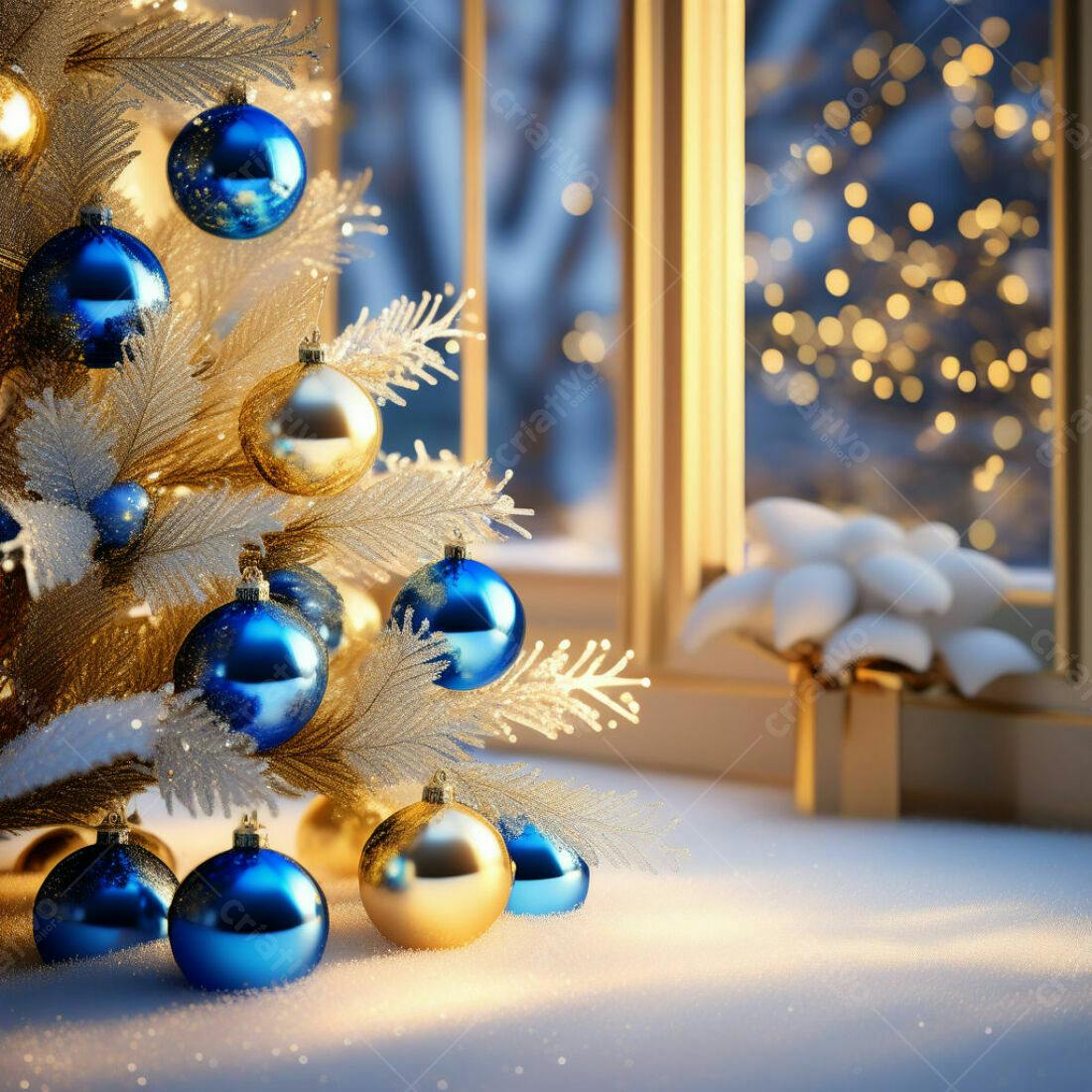 Árvore de Natal azul e dourado na janela nevada