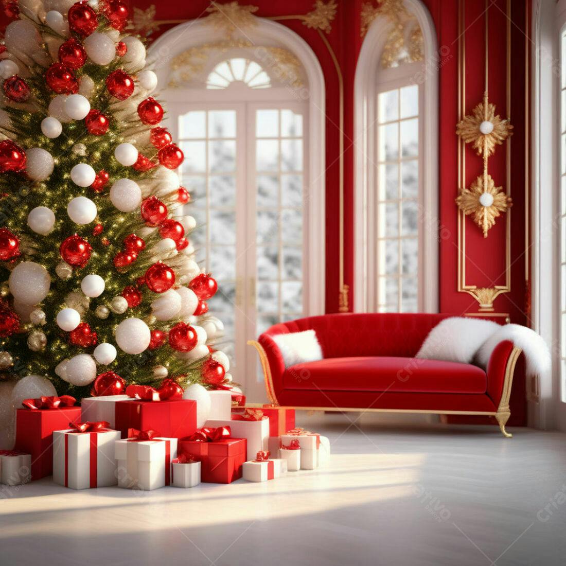 Árvore de Natal vermelha e branca com presentes
