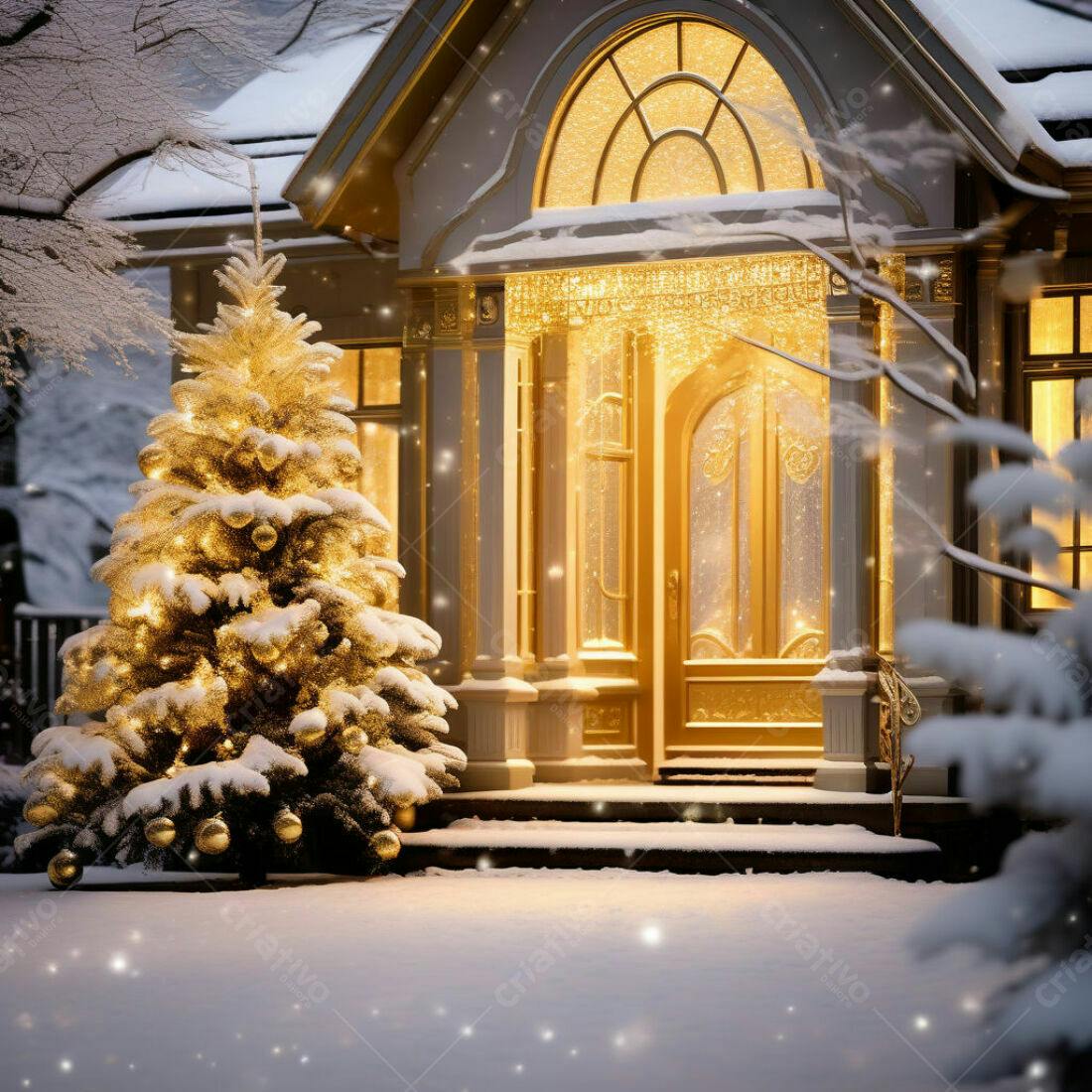 Árvore de Natal nevada na entrada de casa