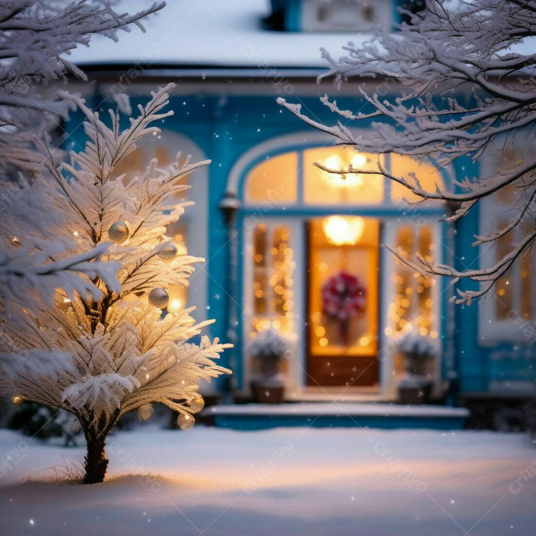 Árvore de Natal nevada na entrada de casa azul