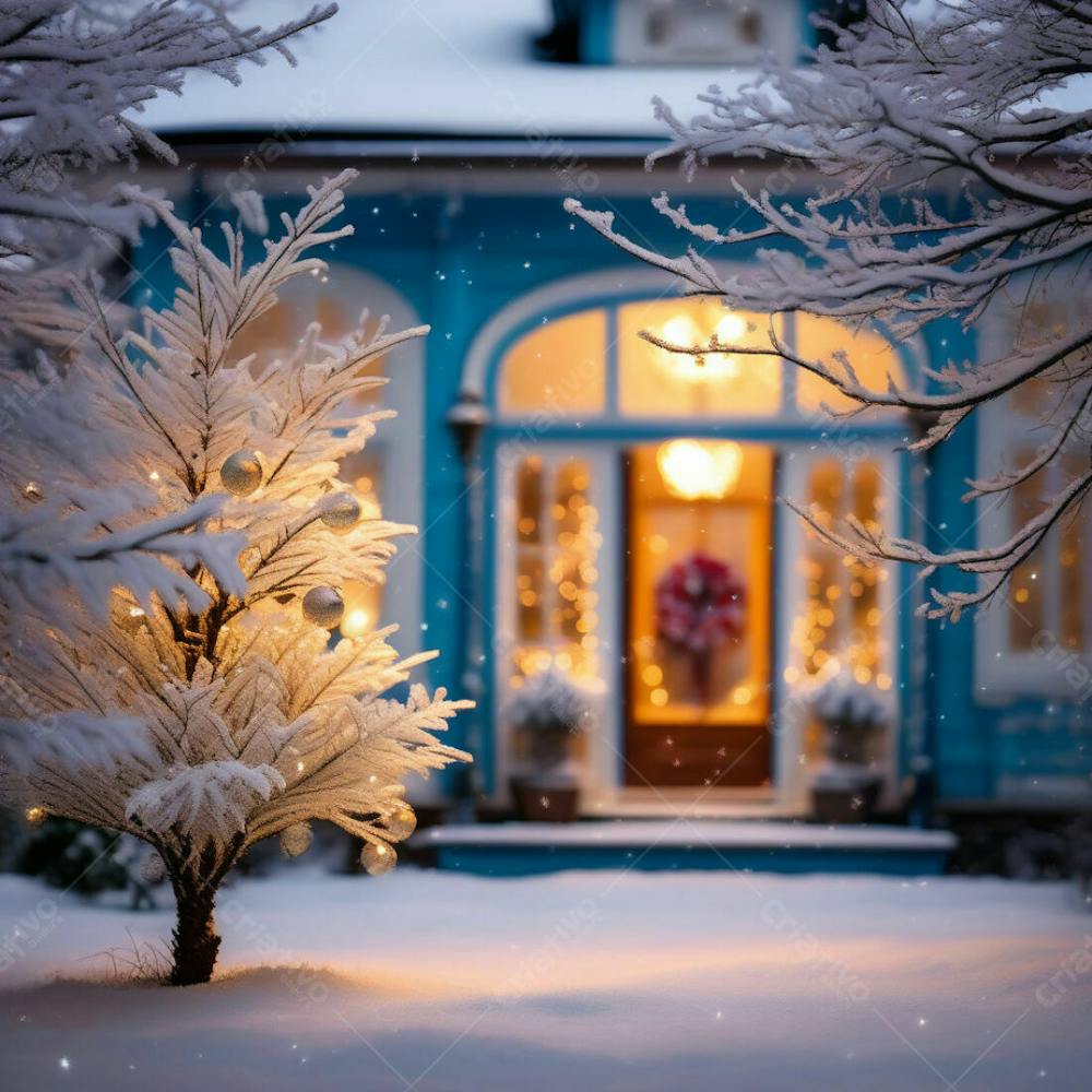 Casa Natalina Azul Branco Arvore Branco Natal Luzes Neve