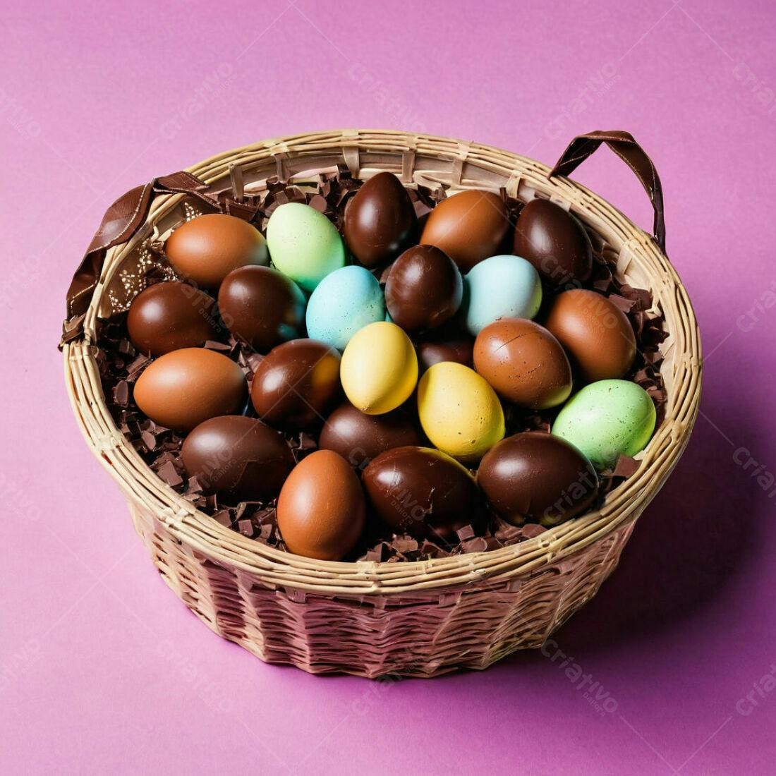 Ovos de chocolate e coloridos em cesta de vime