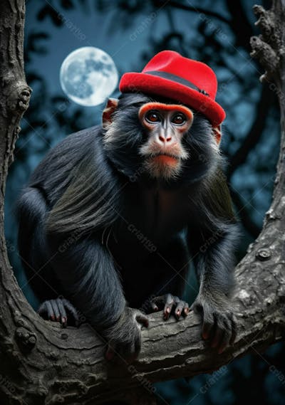 Macaco Chapeu Vermelho Lua Noite Arvore