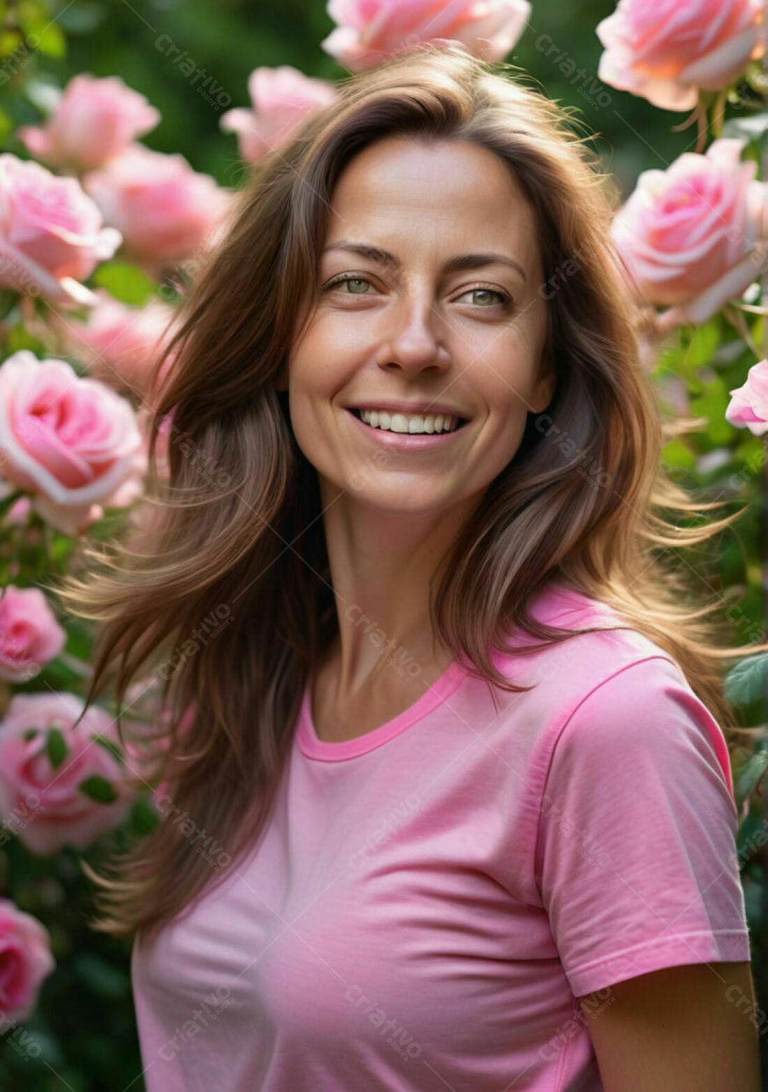 Mulher sorrindo em jardim de rosas