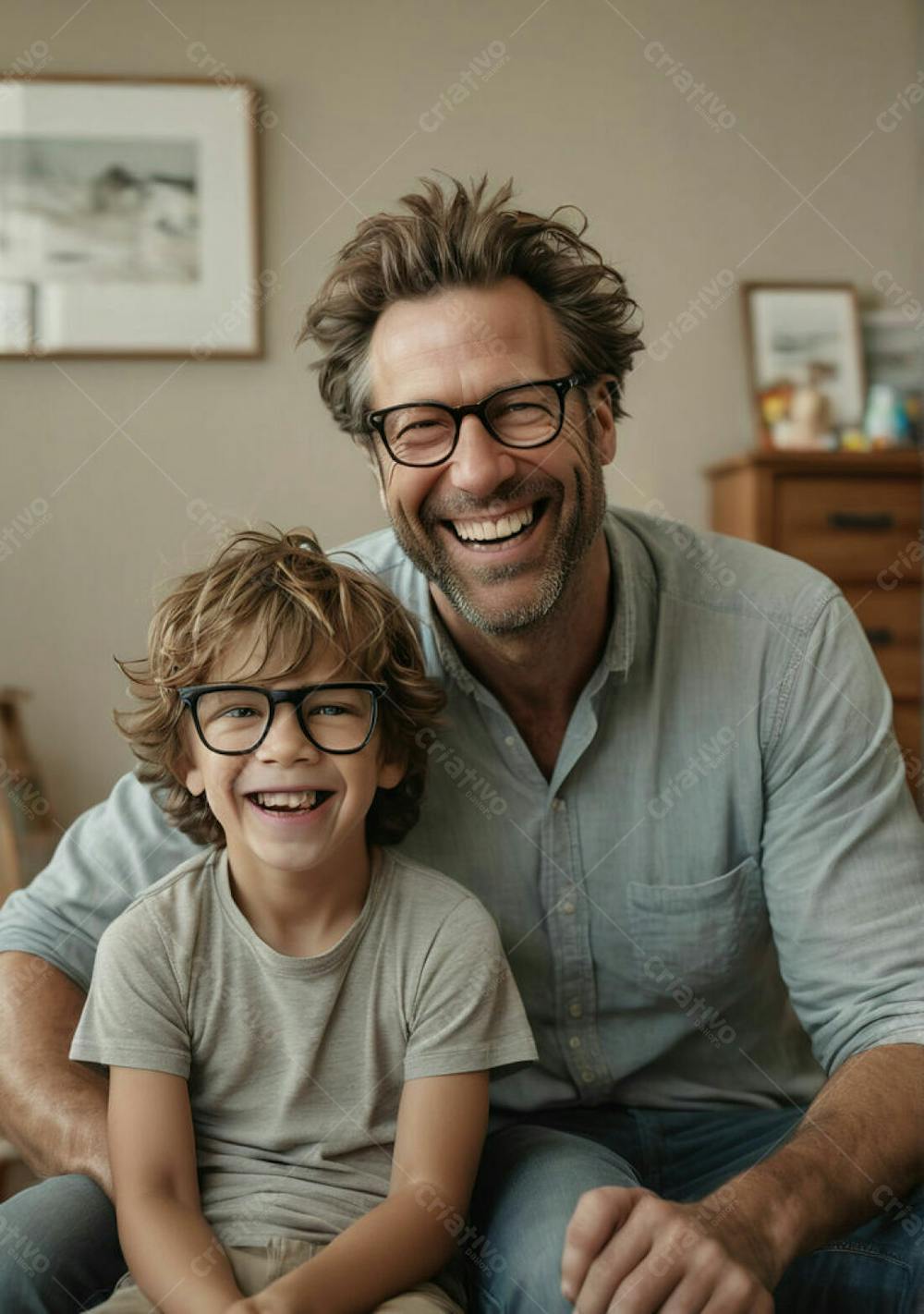 Pai Filho Sorindo Sala Cinza Oculos