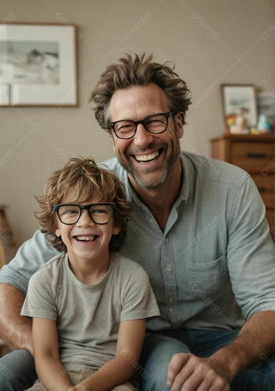 Pai Filho Sorindo Sala Cinza Oculos