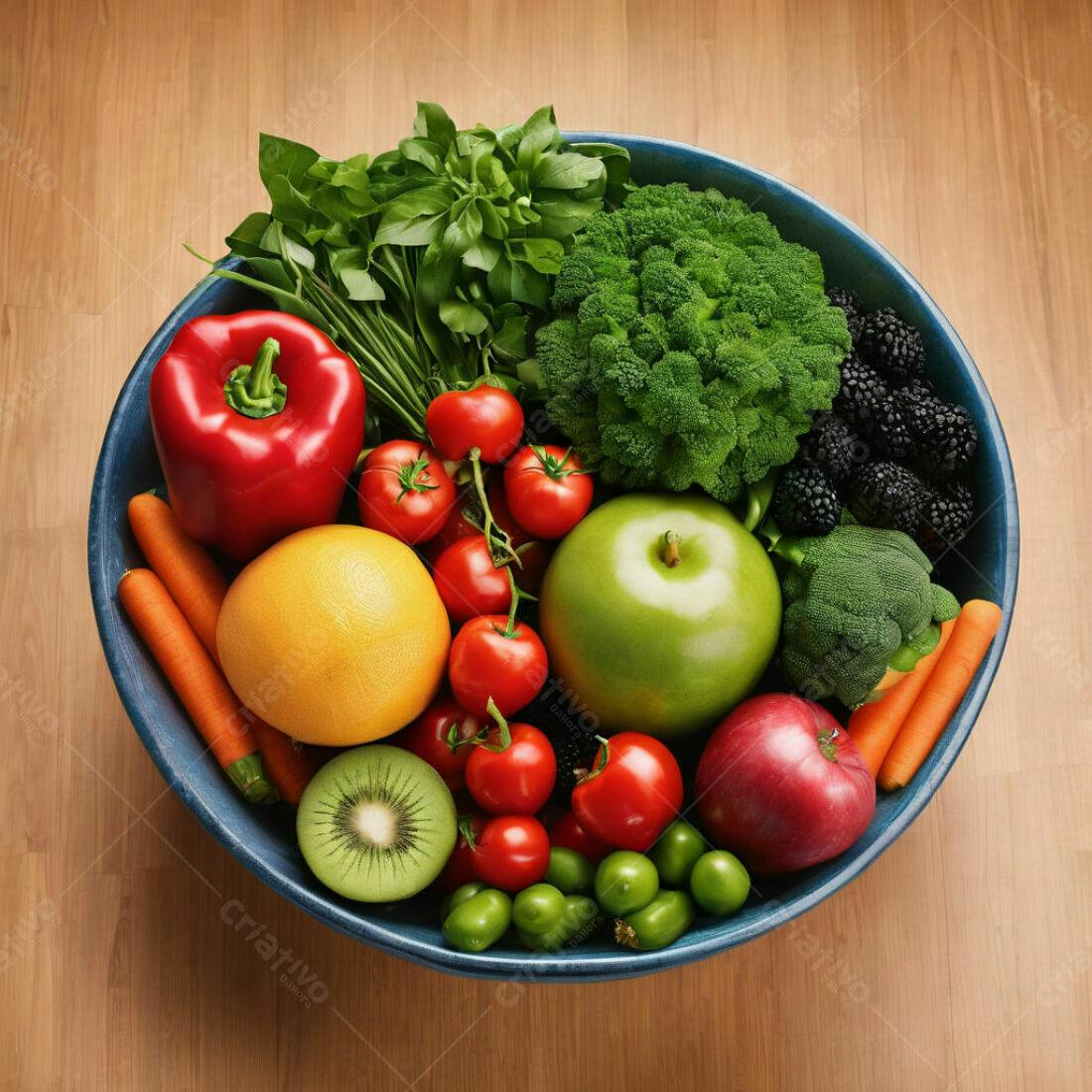 Tigela colorida de frutas e legumes frescos