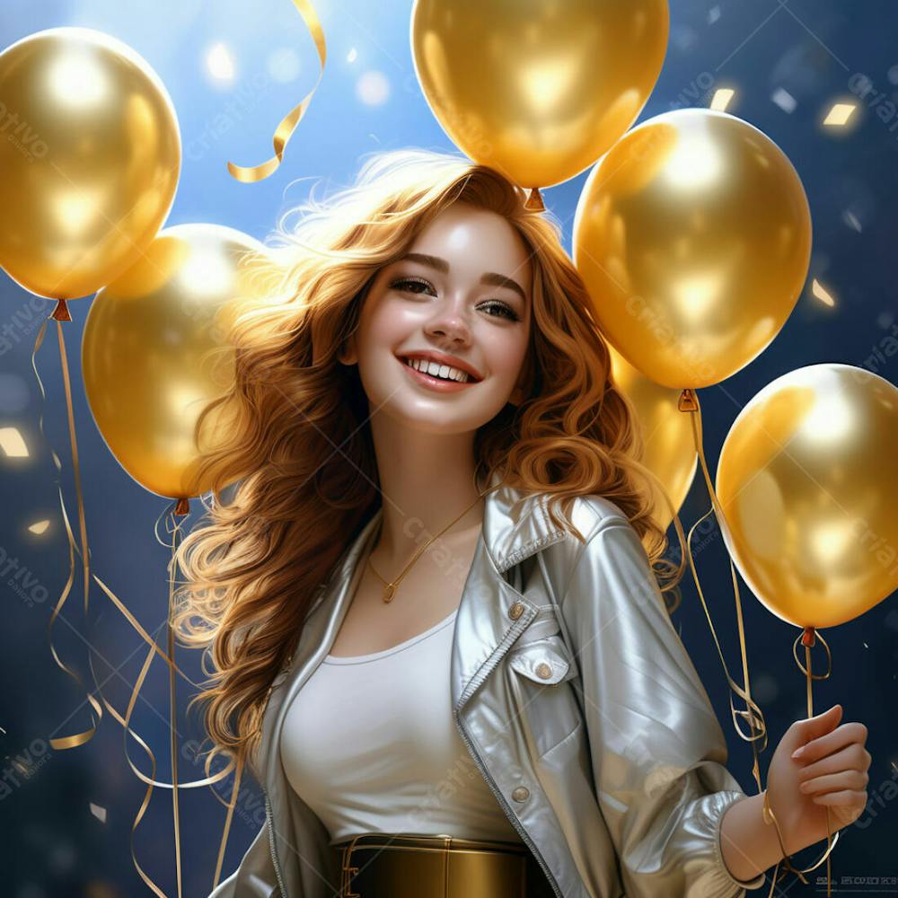 Uma Linda Mulher Ruiva Festa Aniversário Balões Dourado Azul Sorriso Prata