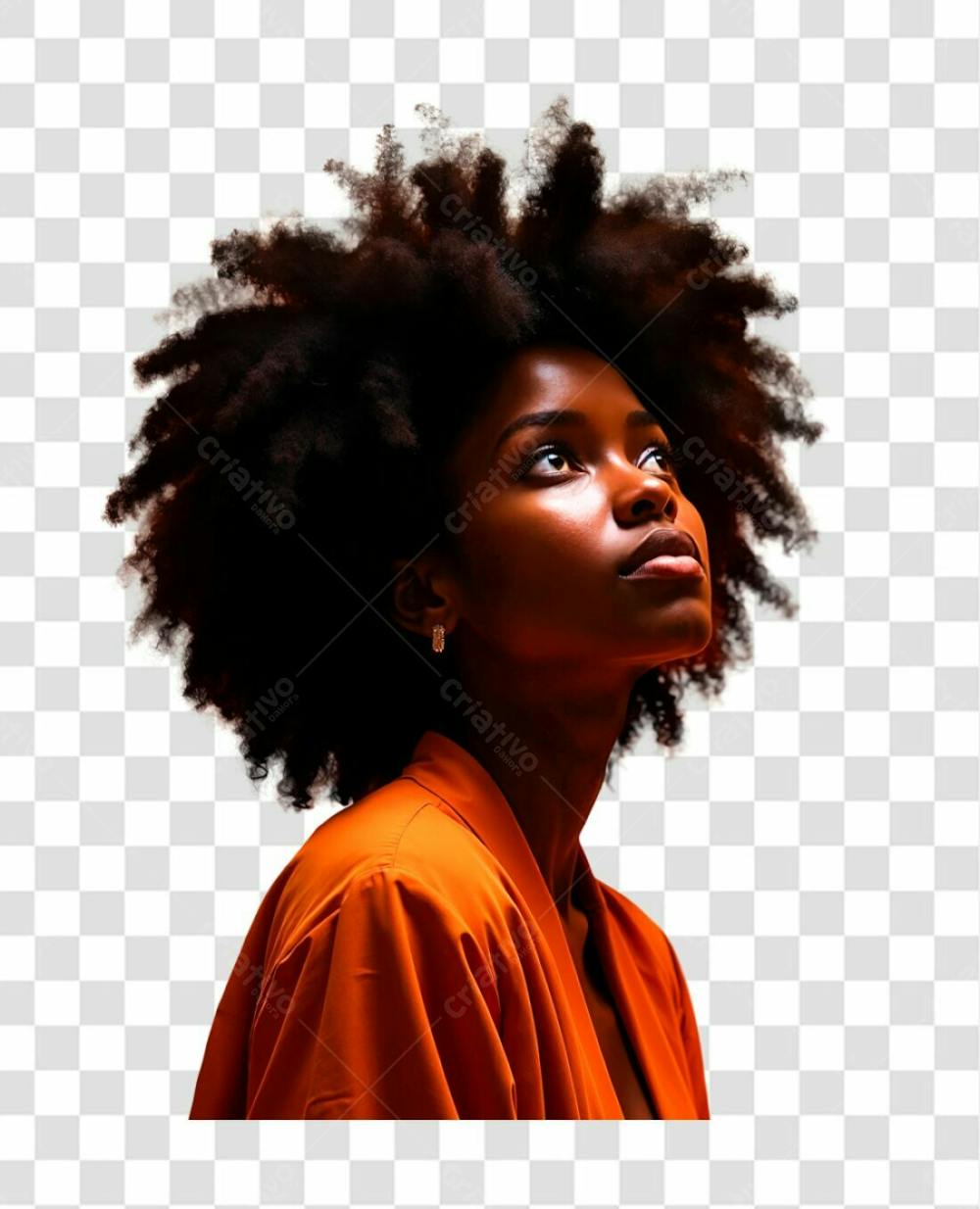 Mulher Afro De Lado Olhando Para Cima De Vestia Laranja Em Fundo Degradê Laranja No Tema Consciência 1