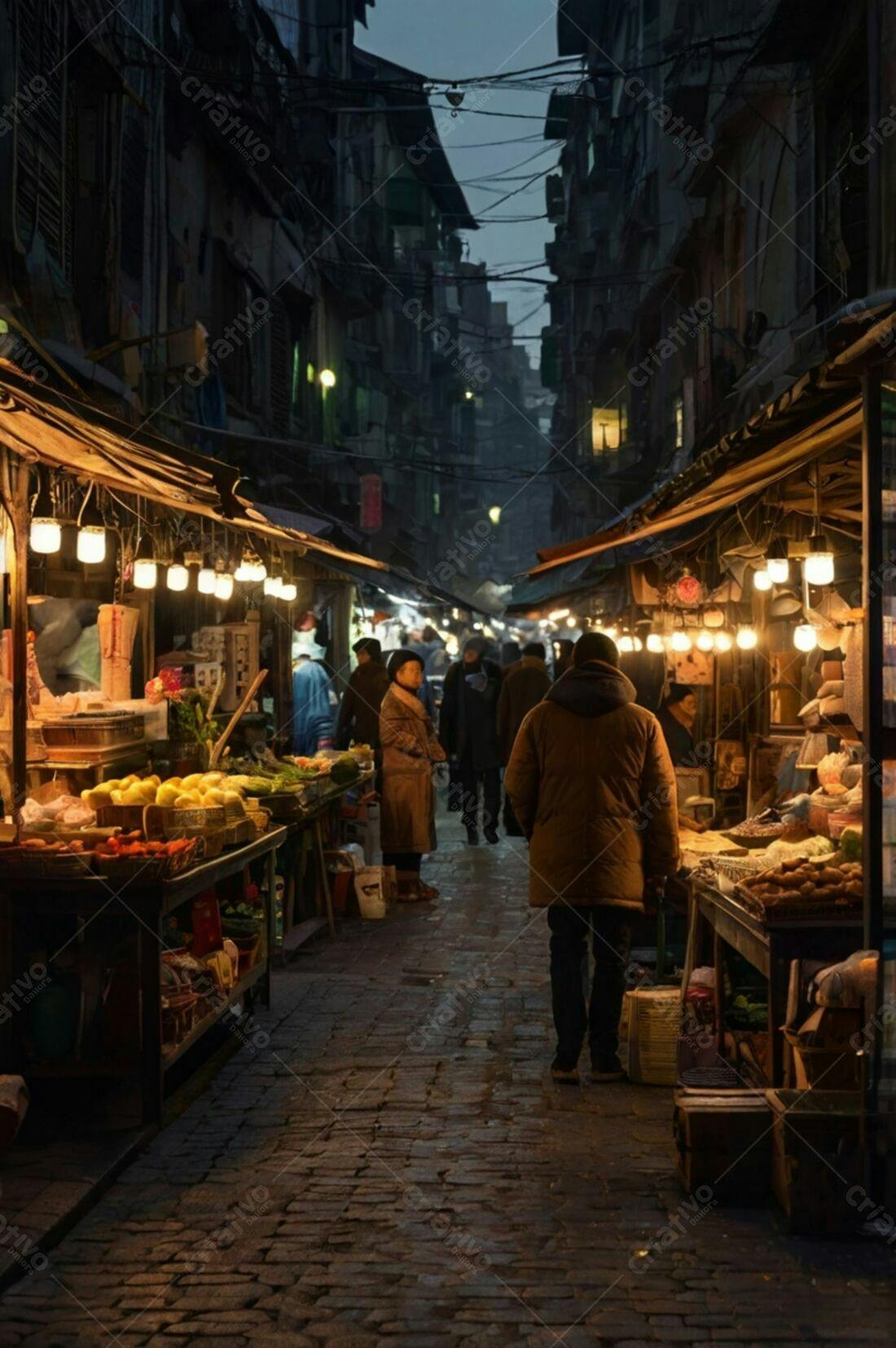 Mercado noturno asiático iluminado a gás