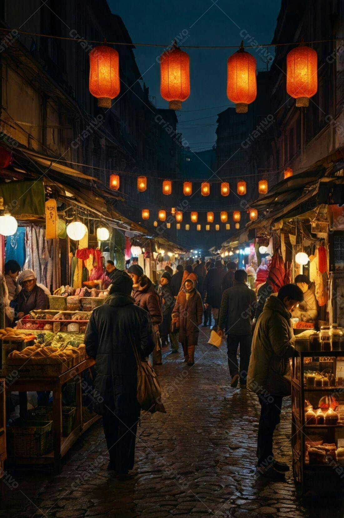 Mercado noturno iluminado por lanternas