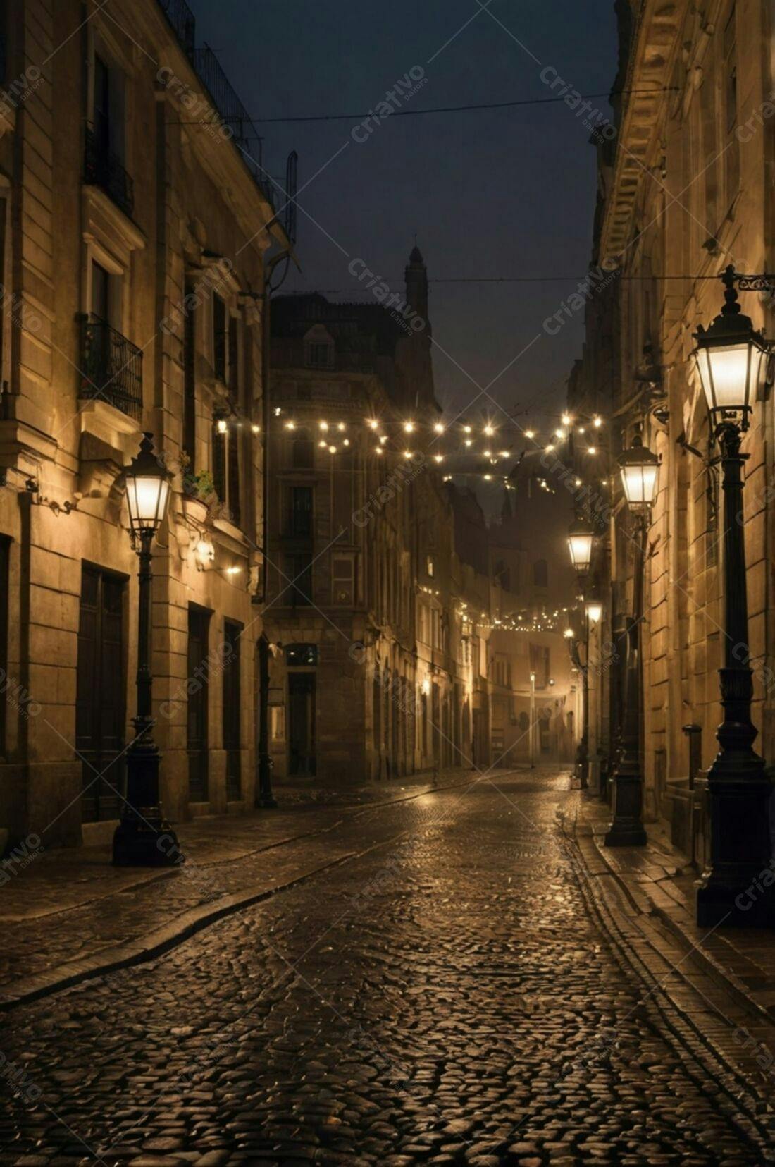 Rua de paralelepípedos iluminada à noite