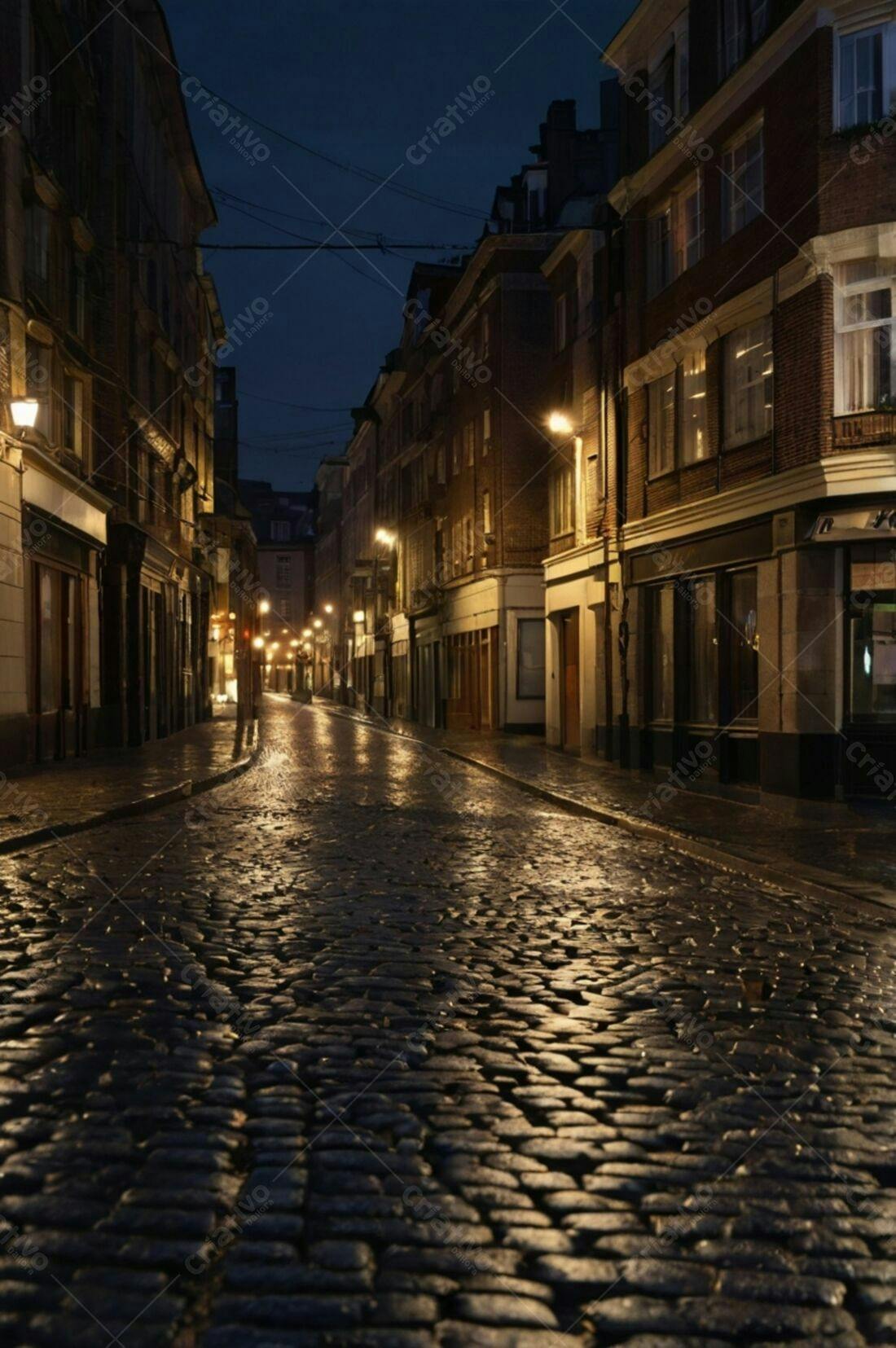 Rua de paralelepípedos molhada noite