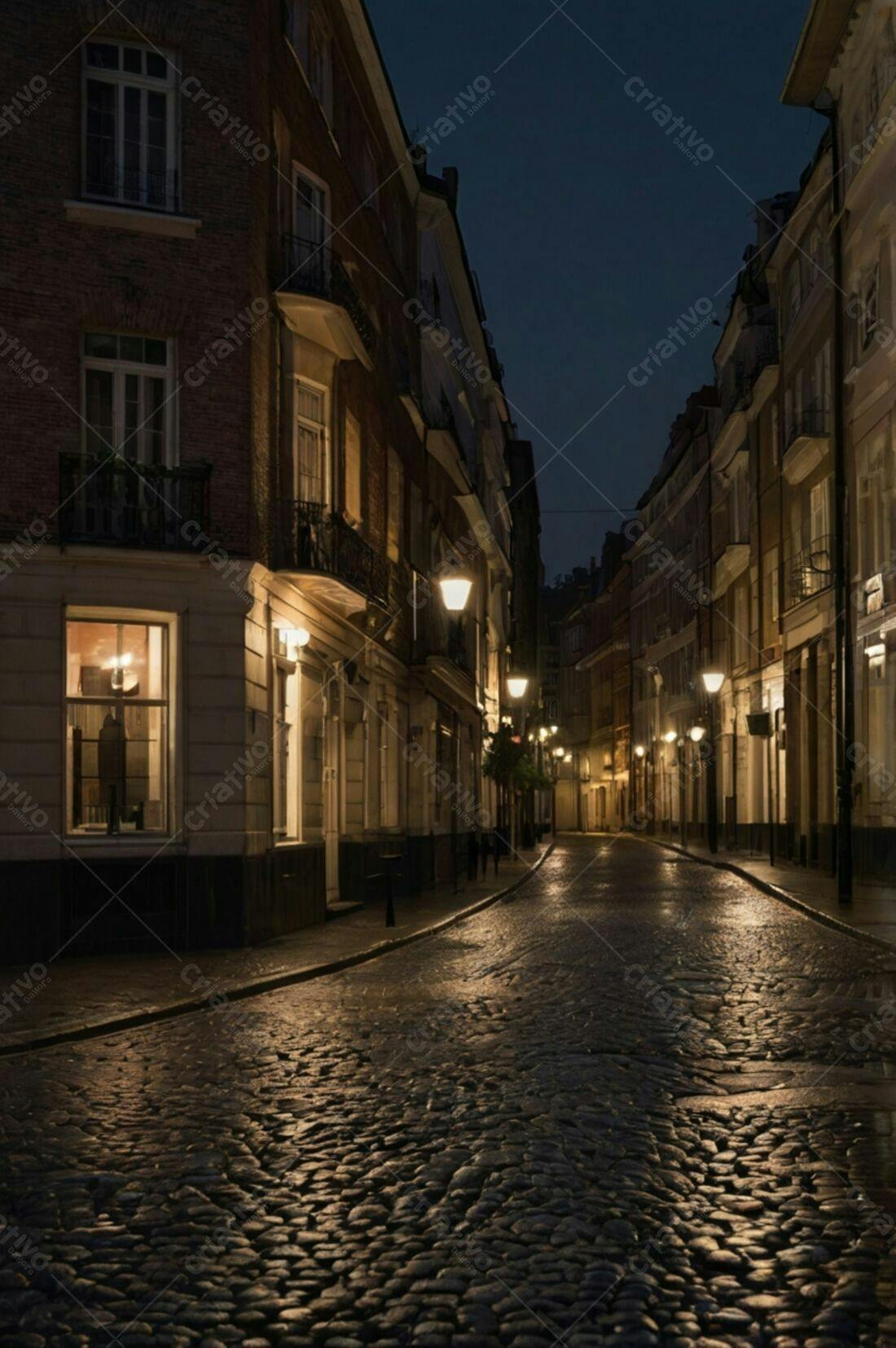 Rua de paralelepípedos iluminada à noite