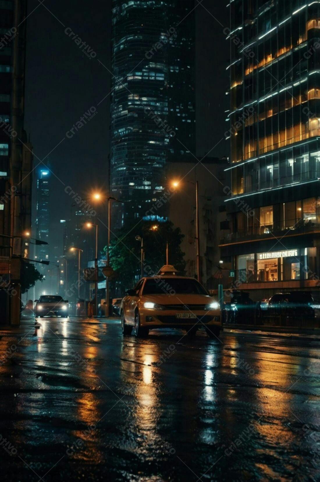 Táxi em noite chuvosa na cidade