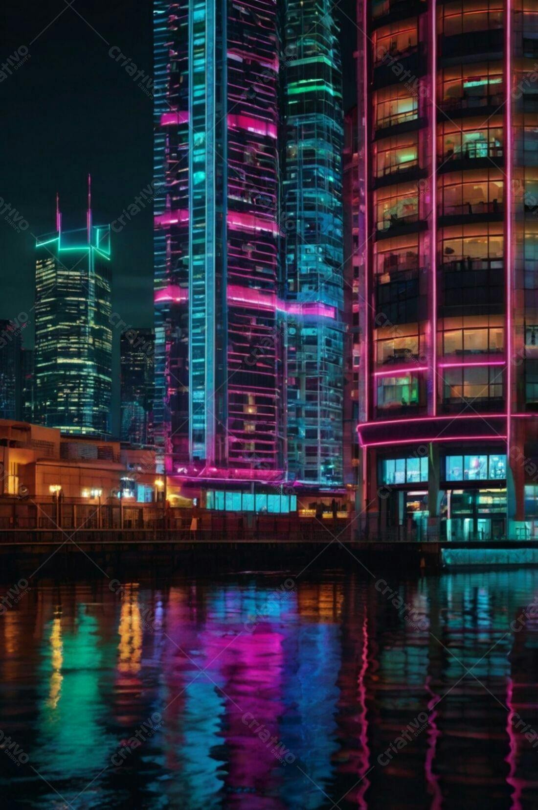 Prédios iluminados à noite refletindo na água