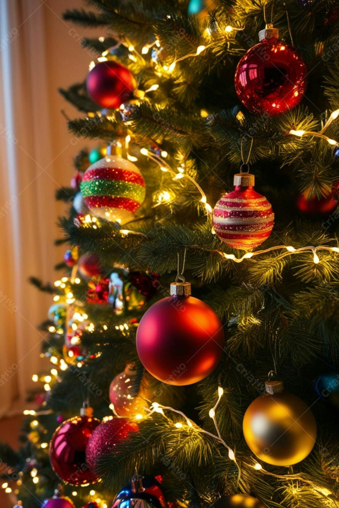 Enfeites natalinos em árvore de Natal
