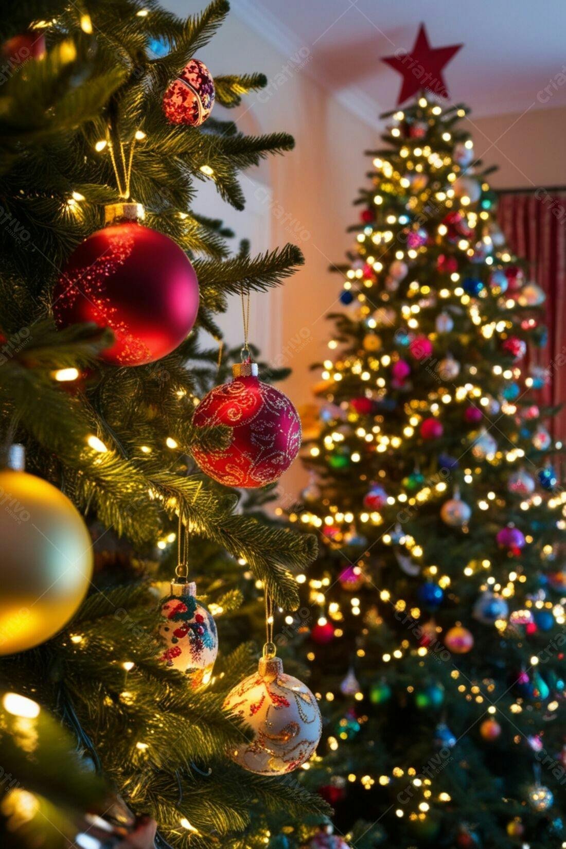 Árvores de Natal Decoradas com Luzes e Enfeites