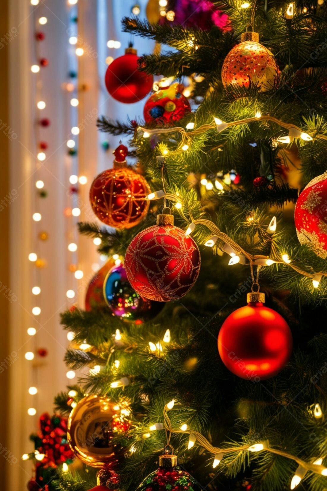Árvore de Natal com enfeites vermelhos e luzes