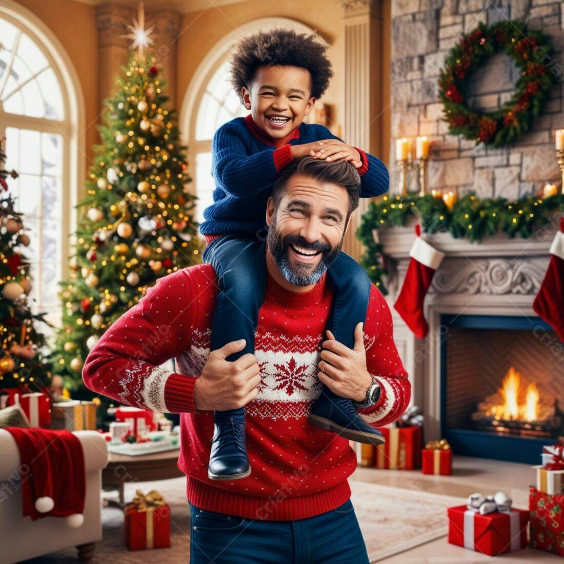 Pai e filho sorrindo no Natal