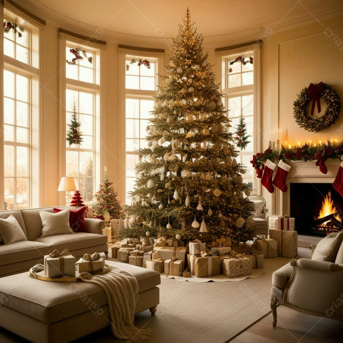 Sala de estar decorada para Natal com árvore grande