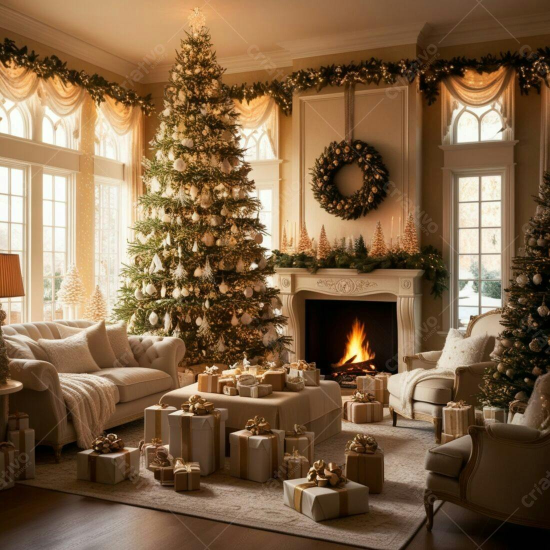 Sala de estar decorada para Natal com árvore e presentes