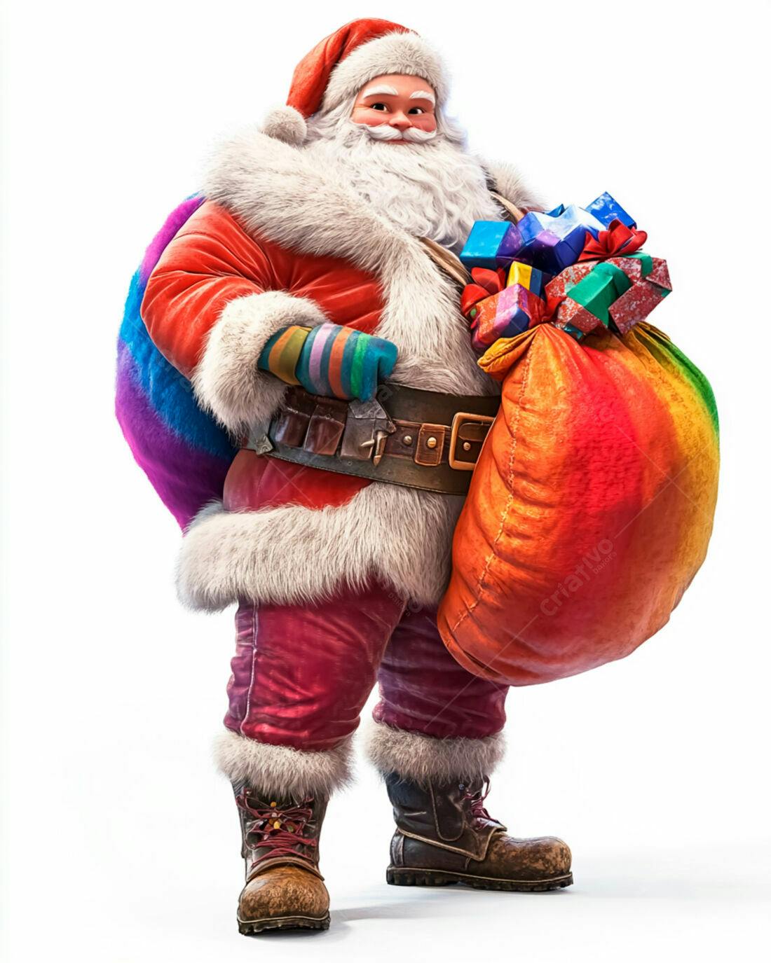 Papai Noel moderno com saco de presentes arco-íris