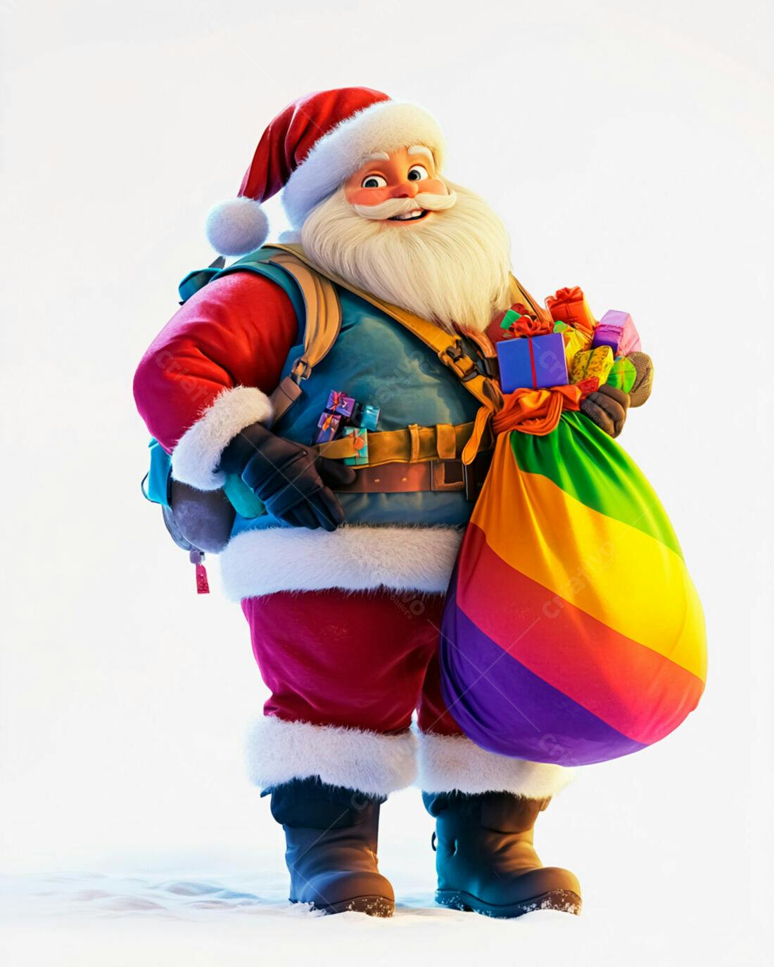 Papai Noel moderno com saco de presentes arco-íris