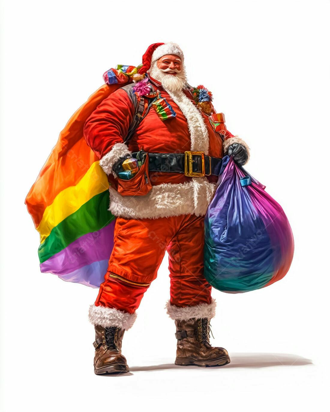 Papai Noel moderno com sacolas arco-íris