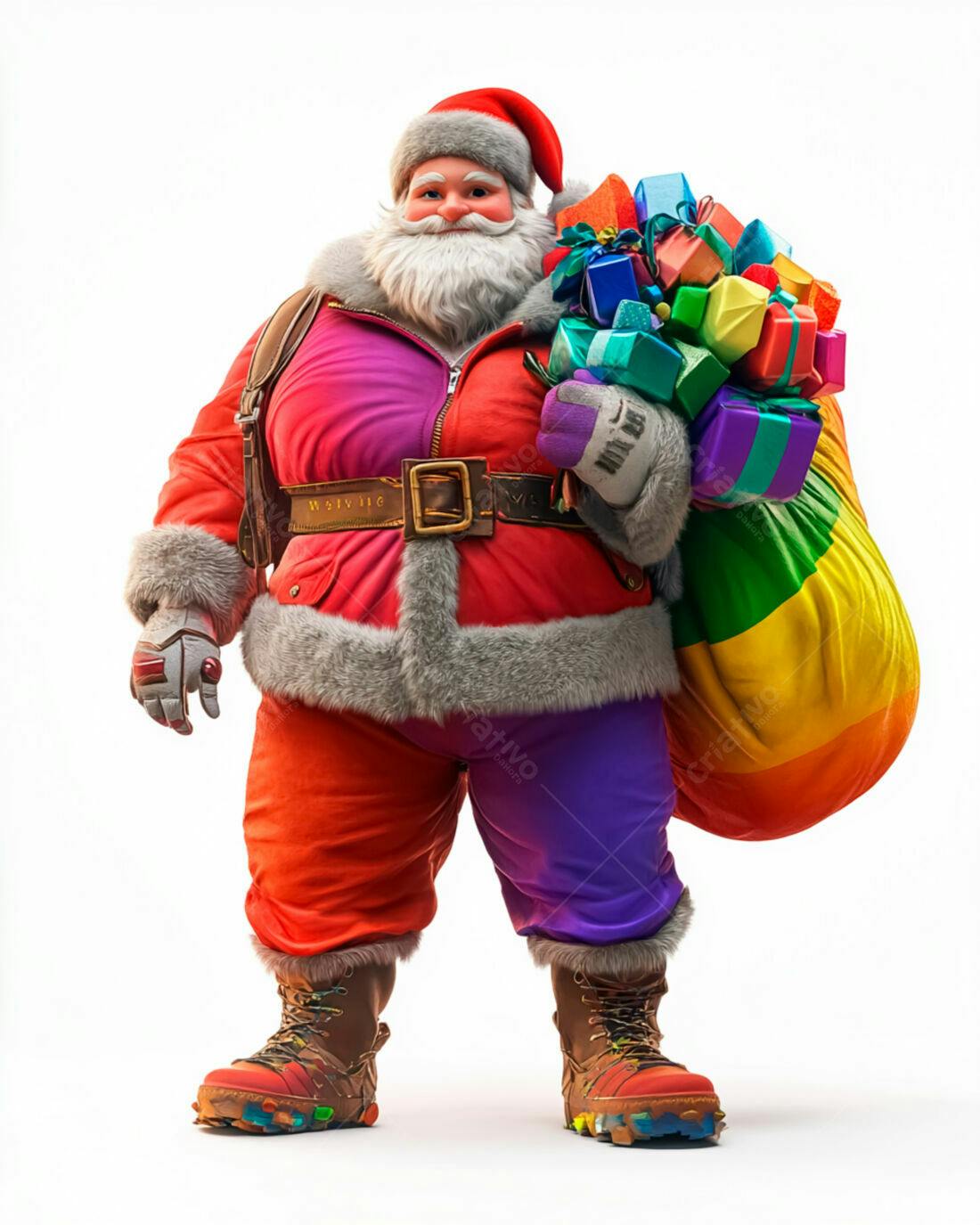Papai Noel moderno com saco de presentes arco-íris