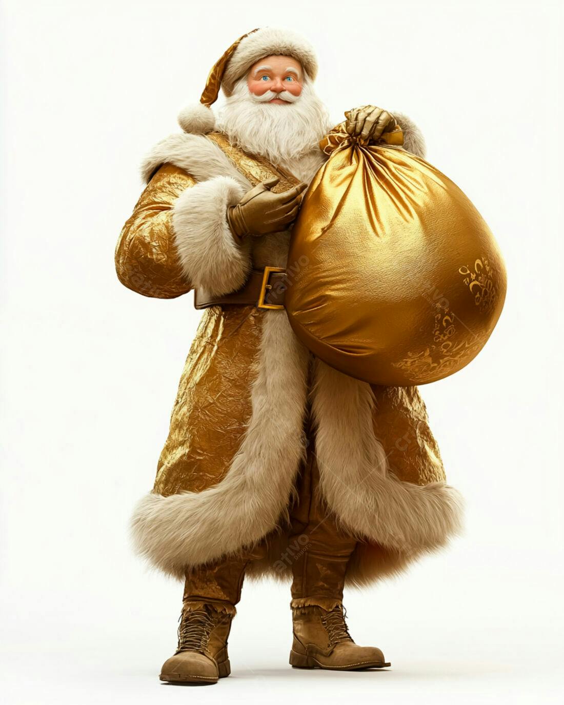 Papai Noel dourado com saco de presentes