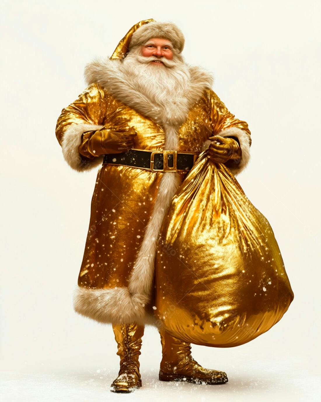 Papai Noel dourado com saco de presentes