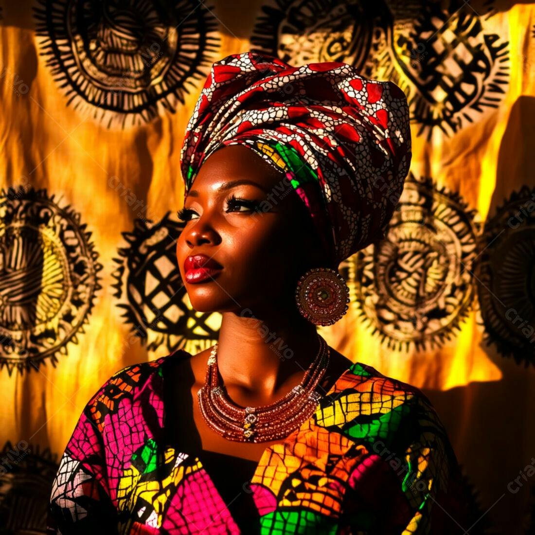 Mulher africana usando turbante e joias vibrantes