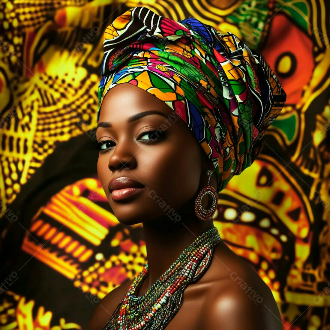 Mulher negra com turbante africano e joias