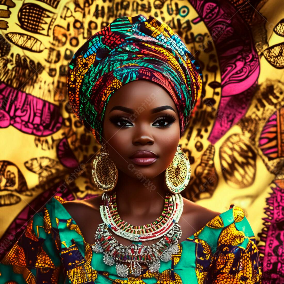 Mulher africana com turbante e joias vibrantes