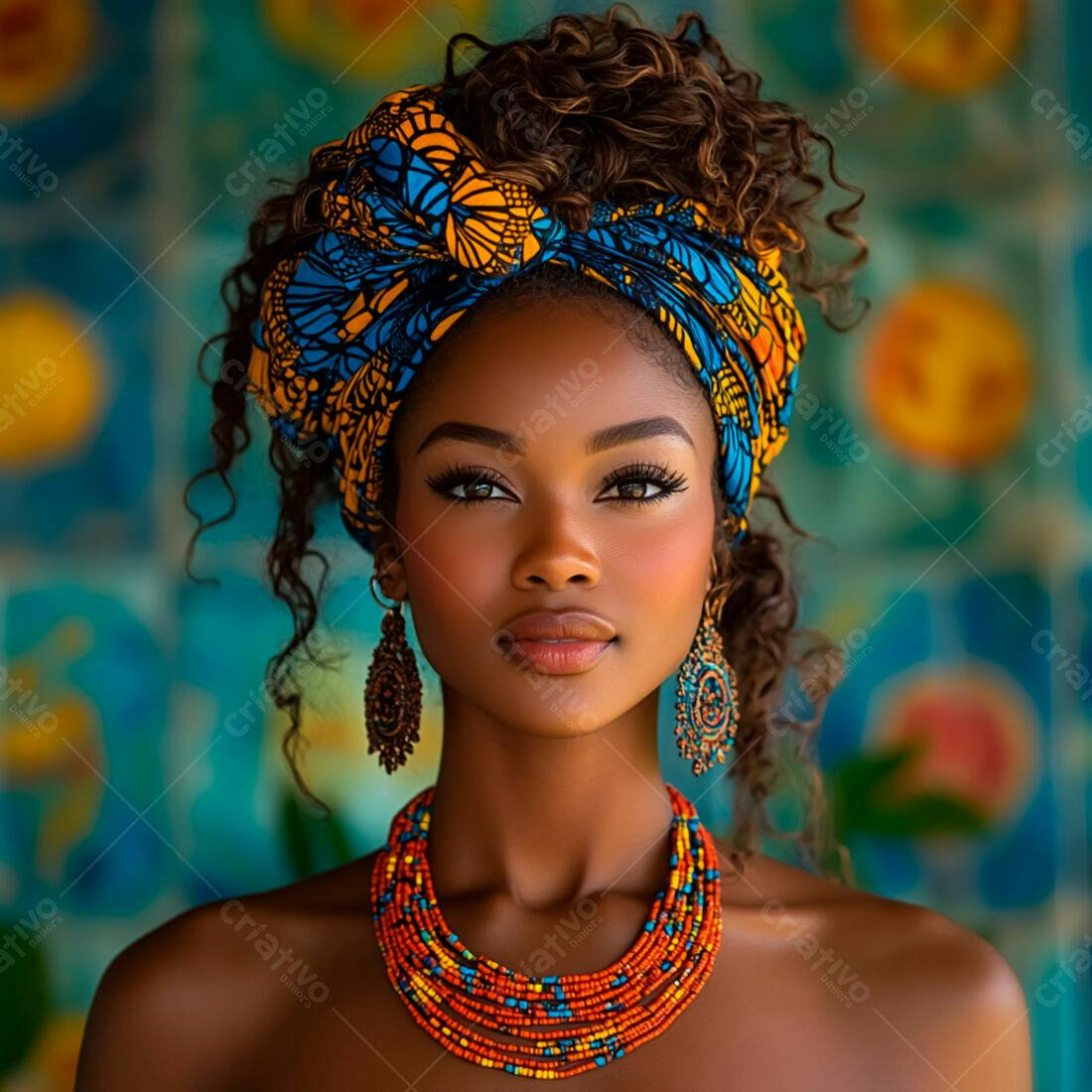 Mulher negra usando turbante e colares vibrantes