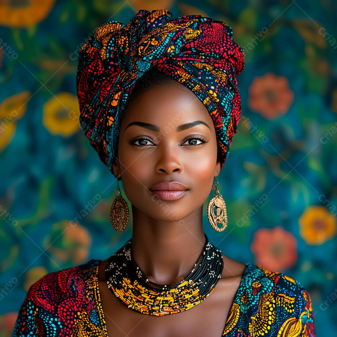 Mulher africana com turbante e joias coloridas