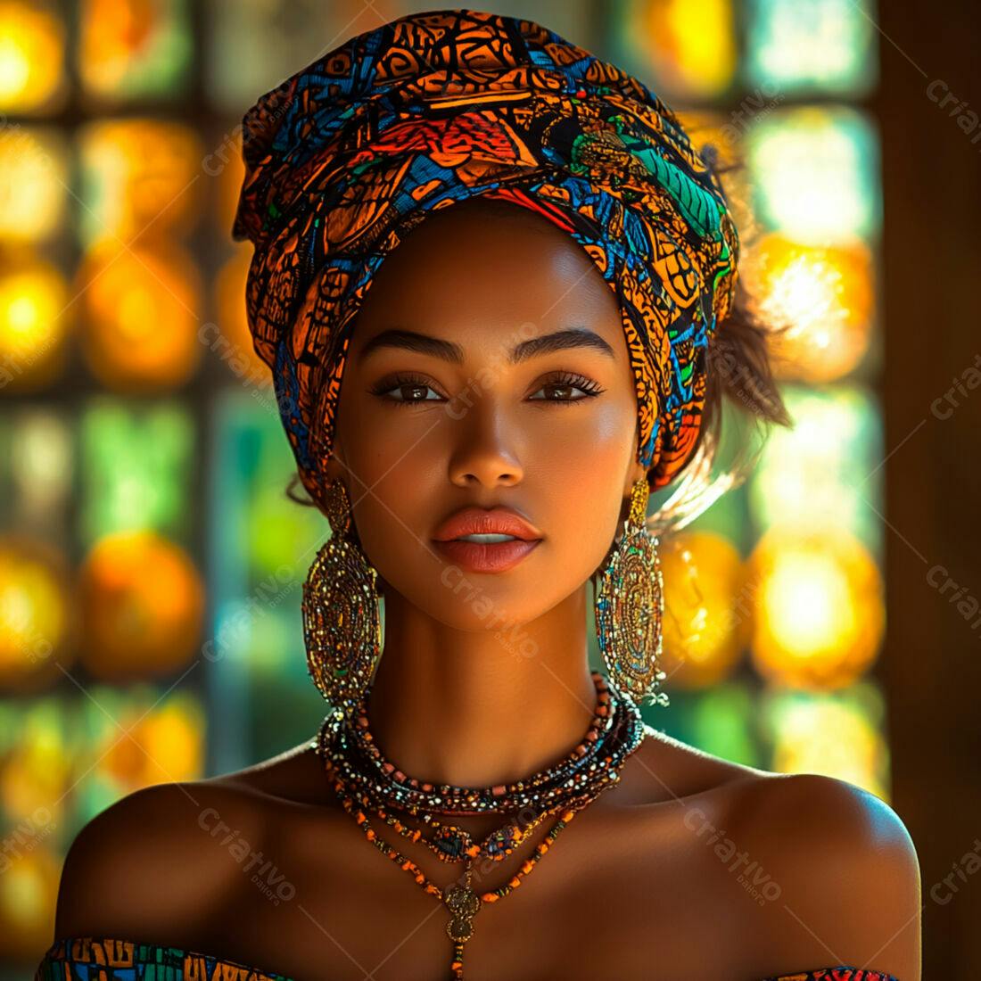 Mulher negra usando turbante e joias